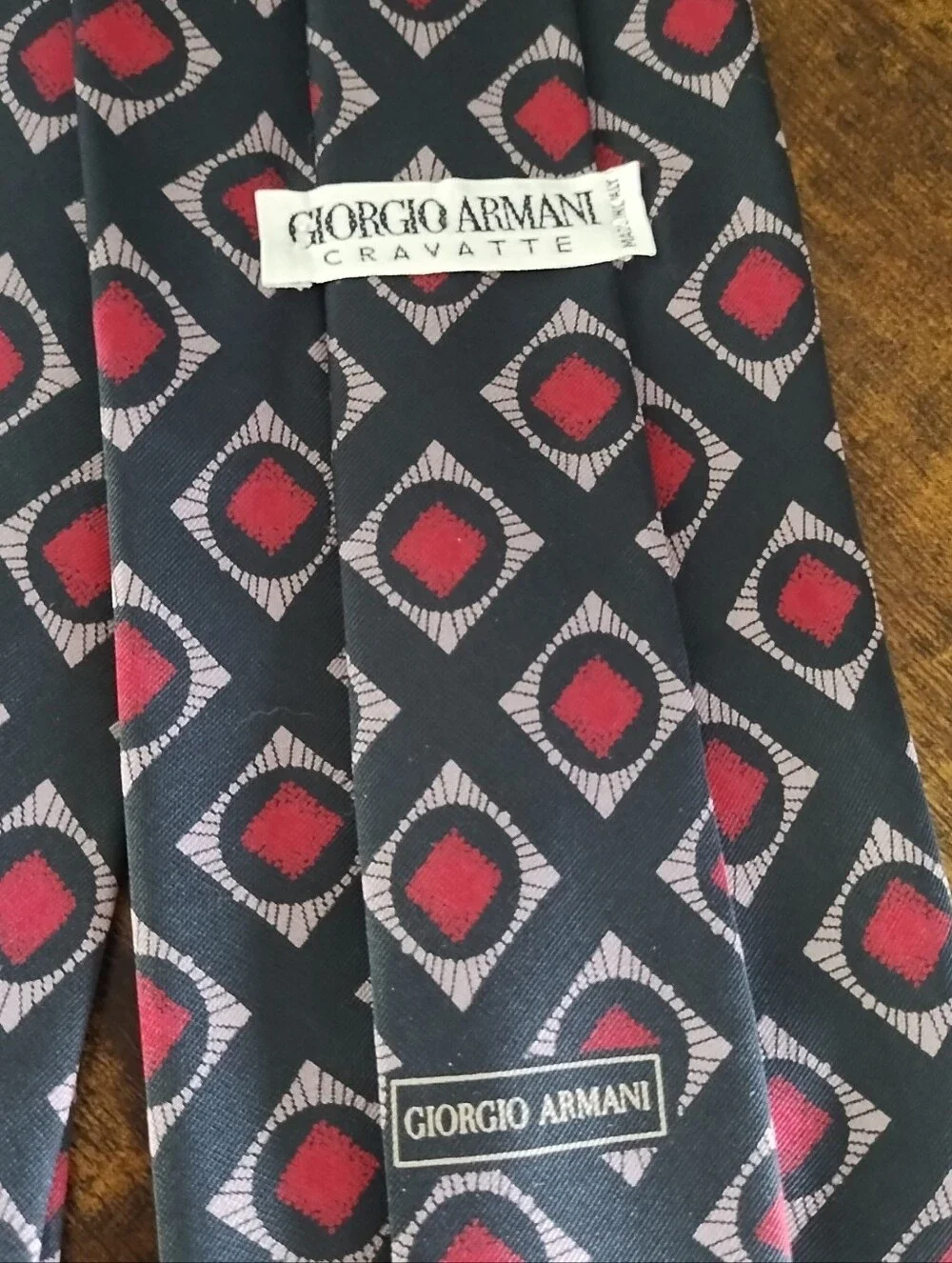 Vintage Giorgio Armani Cravatte Silk Tie Italy Black Red Beige Geometric Luxury